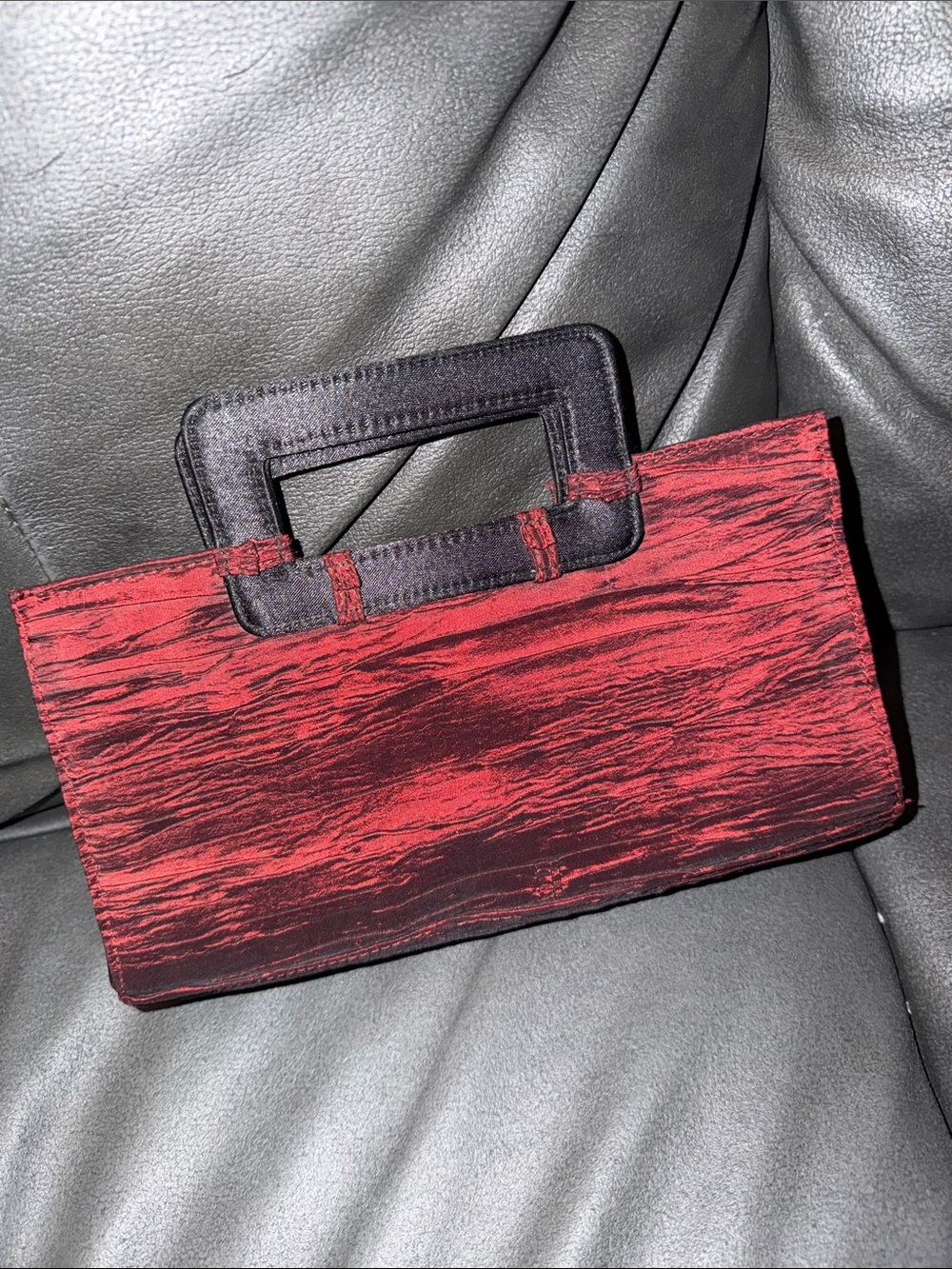 Red Satin Handheld Clutch Bag with Black Frame Handles